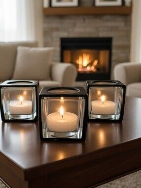 Illuminations Rustic Brown Metal With Glass Cube Votive Candle Holder Set of 3